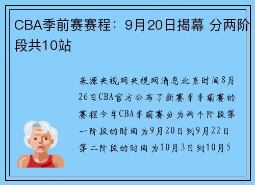 CBA季前赛赛程：9月20日揭幕 分两阶段共10站