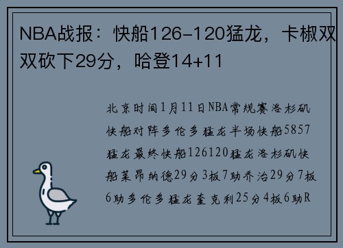 NBA战报：快船126-120猛龙，卡椒双双砍下29分，哈登14+11