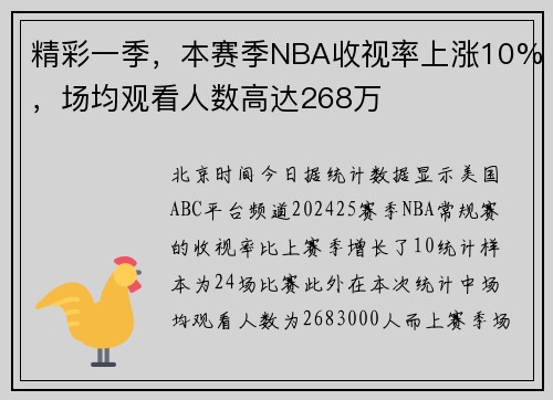 精彩一季，本赛季NBA收视率上涨10%，场均观看人数高达268万